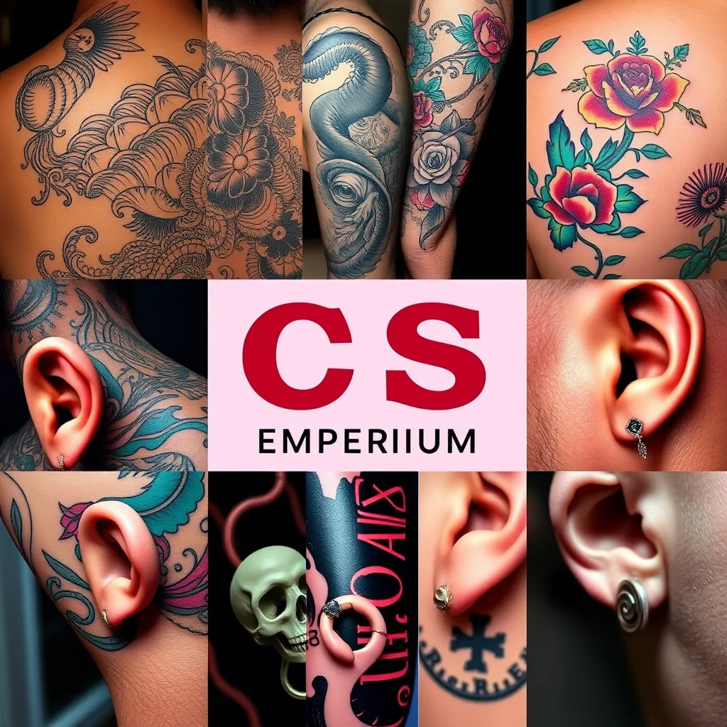 A vibrant and colorful collage showcasing various tattoo styles and piercing services offered by CS Tattoo Emporium. Include imagery of intricate black and grey tattoos, bold traditional pieces, delicate watercolor designs, Japanese-inspired artwork, and close-ups of piercing jewelry. The collage should have a modern and inviting aesthetic.