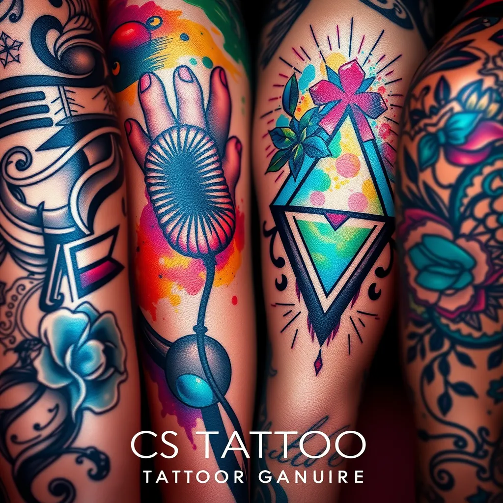 A vibrant and colorful image showcasing different tattoo styles. Include a close-up shot of a detailed black and grey tattoo, a vibrant watercolor tattoo, a geometric tattoo, and a traditional tattoo. The image should capture the artistry and diversity of the tattoo styles offered at CS Tattoo Emporium.