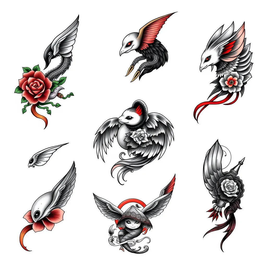 A vibrant and detailed image showcasing a collection of Lucy's tattoo designs. The image should feature a mix of different styles, including American traditional, neo-traditional, new school, black and grey, realism, and Japanese. Each design should be displayed against a clean and neutral backdrop.
