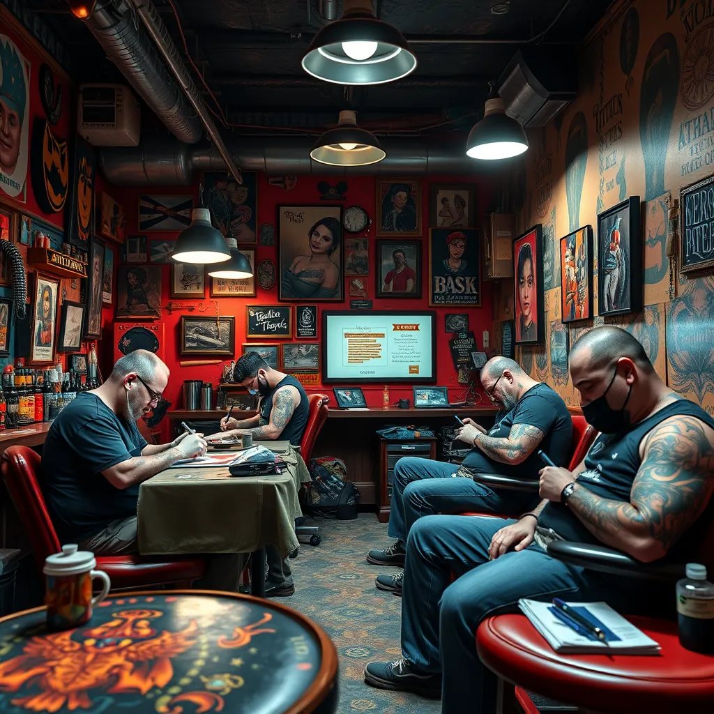 A vibrant and eclectic tattoo studio interior with four artists working on various tattoo styles: American Traditional, Neo Traditional, Black and Grey, and Realism. Each artist should be focused and passionate, showcasing their unique skills.
