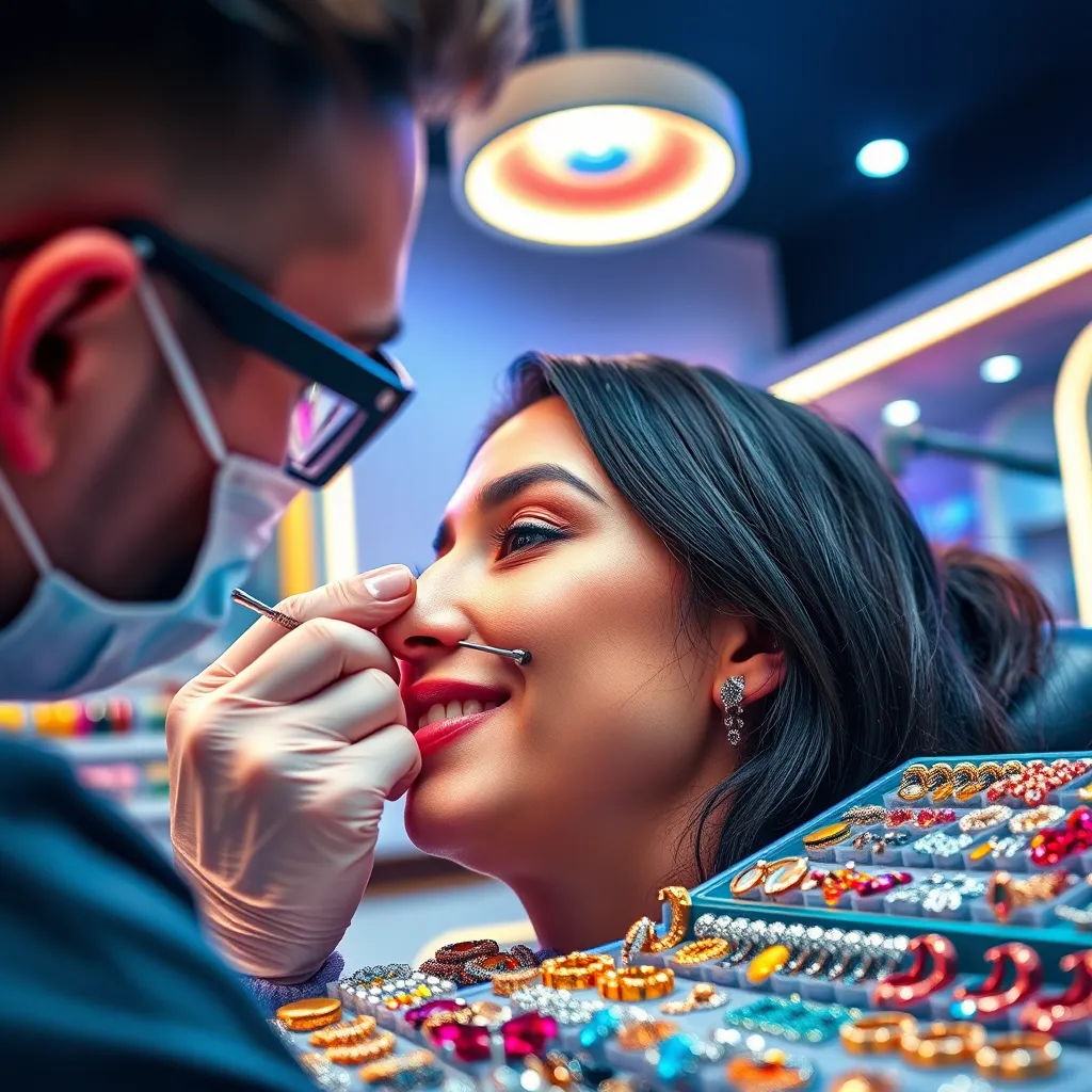 A vibrant and energetic image of a tattoo artist expertly piercing a client's earlobe with a gleaming piercing needle, surrounded by an array of sterilized jewelry in a variety of styles. The piercing studio is modern and clean, with warm white lights illuminating the scene. The client is relaxed and confident, with a small smile on their face.  The image should capture the artistry and precision of the piercing process, while showcasing the bright colors and diverse selection of jewelry available. Style reference: Contemporary photography, emphasizing vibrant colors and dynamic composition.