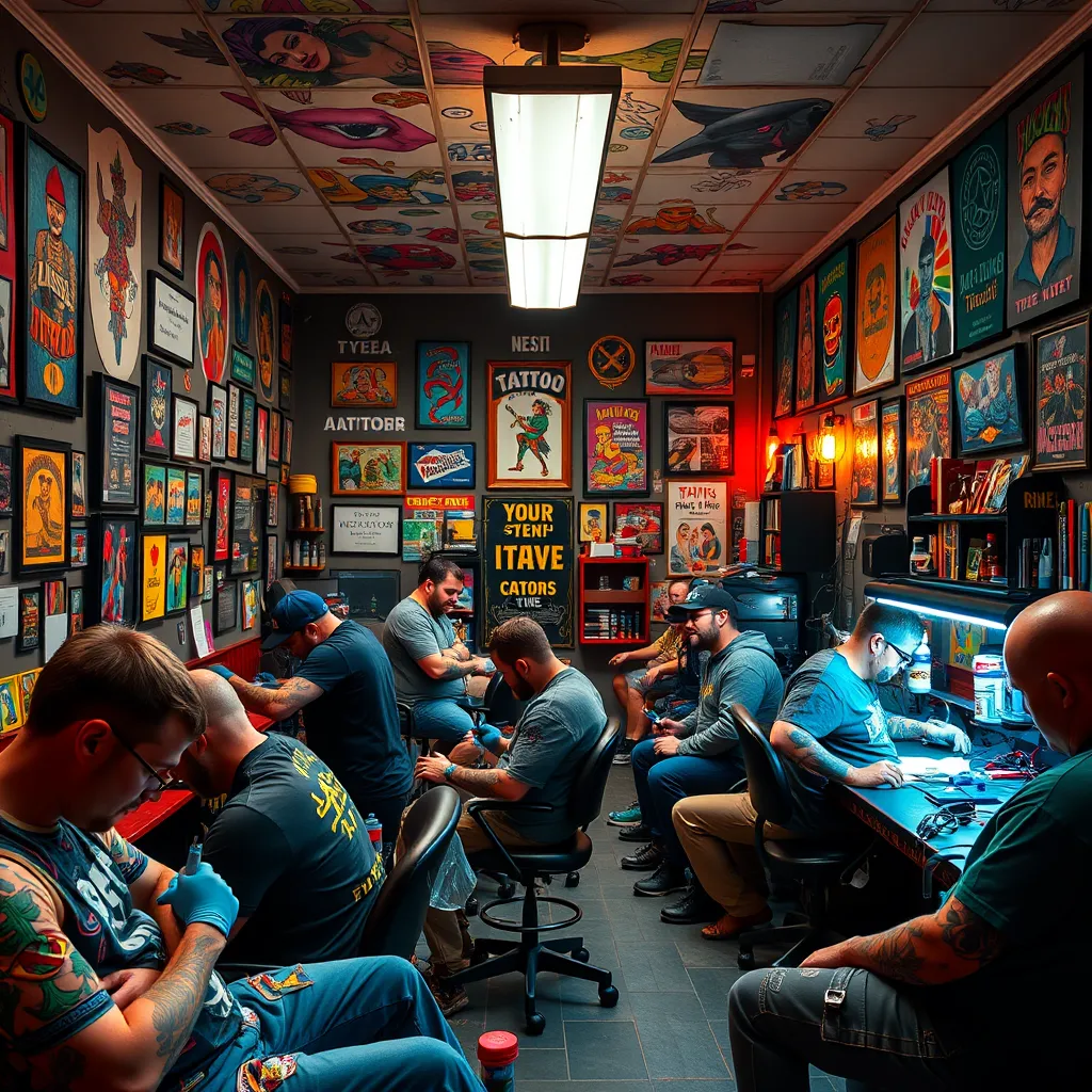A vibrant and energetic image of a tattoo studio interior. The focus is on a diverse range of tattoos in progress on different clients. The studio is filled with colorful artwork, tattoo machines, and a friendly, welcoming atmosphere.
