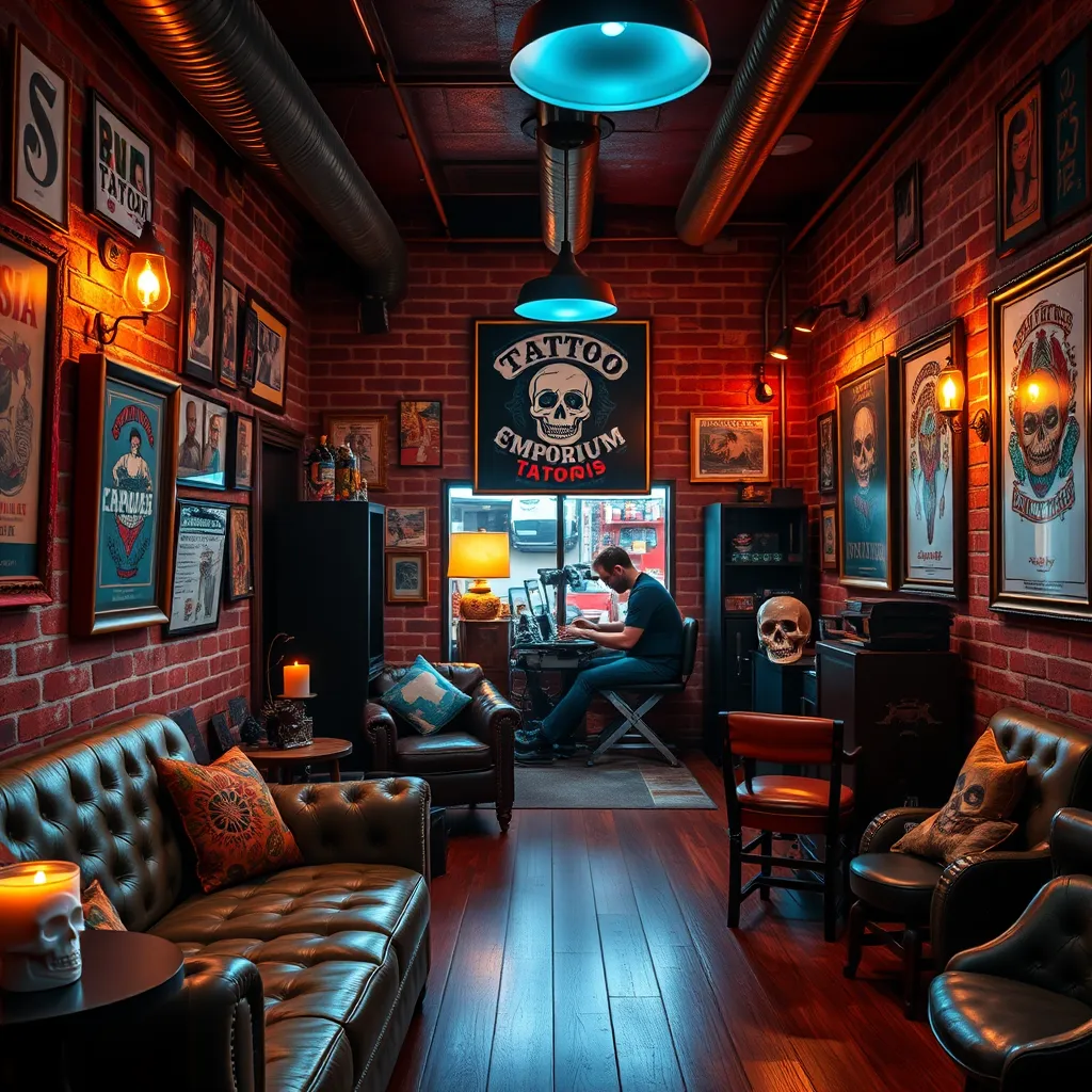 A vibrant and engaging image showcasing the atmosphere of CS Tattoo Emporium.  The image should feature the studio's interior, focusing on a welcoming waiting area with comfortable seating, exposed brick walls, and a curated collection of tattoo art.  The lighting should be warm and inviting, creating a relaxed and comfortable atmosphere.  Include details like vintage tattoo flash sheets, a framed vintage tattoo poster, and a decorative skull with a lit candle.  In the background, a tattoo artist, possibly Lucy Parker, can be seen working on a client.  The overall mood should be vibrant and welcoming, reflecting the studio's dedication to high-quality tattooing and its welcoming atmosphere. Render the image in a photorealistic style, capturing the intricate details of the studio's design and the vibrant energy of the space.