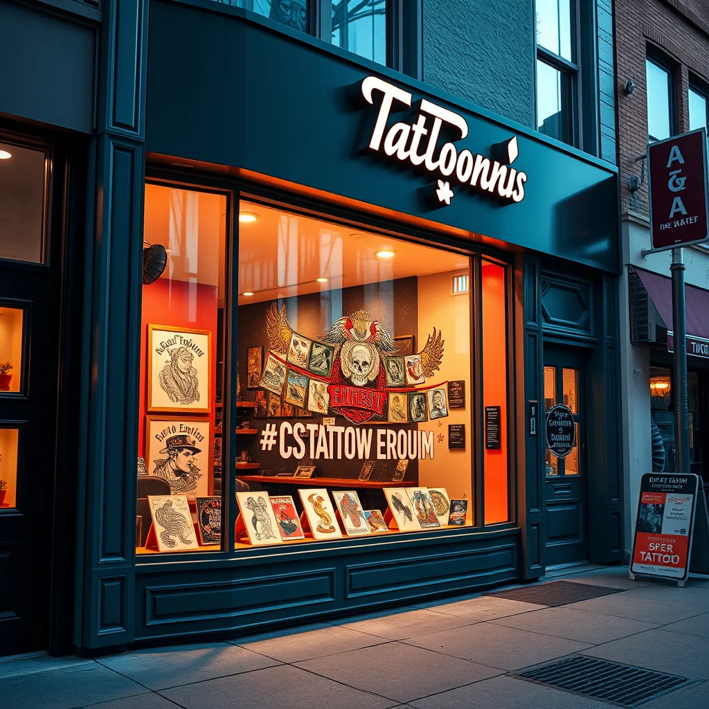 A vibrant and inviting image of the CS Tattoo Emporium storefront, showcasing a sleek and modern design. The window should display a variety of captivating tattoo designs, attracting potential clients. The storefront should be located on a bustling street, suggesting the studio's accessibility and popularity.