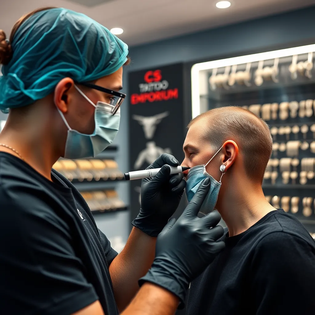 A vibrant and modern image of a piercing studio within CS Tattoo Emporium. Capture a piercing artist, wearing black gloves and a surgical mask, carefully marking a client's ear with a marker. The studio should be clean and well-lit, showcasing a display of various jewelry pieces in the background.  The client should be relaxed and comfortable, showcasing the professional and caring atmosphere. Render the scene in photorealistic detail, showcasing the smooth, sterile surfaces of the studio and the intricate details of the jewelry pieces. The image should evoke a sense of trust and confidence in the quality of our piercing services.
