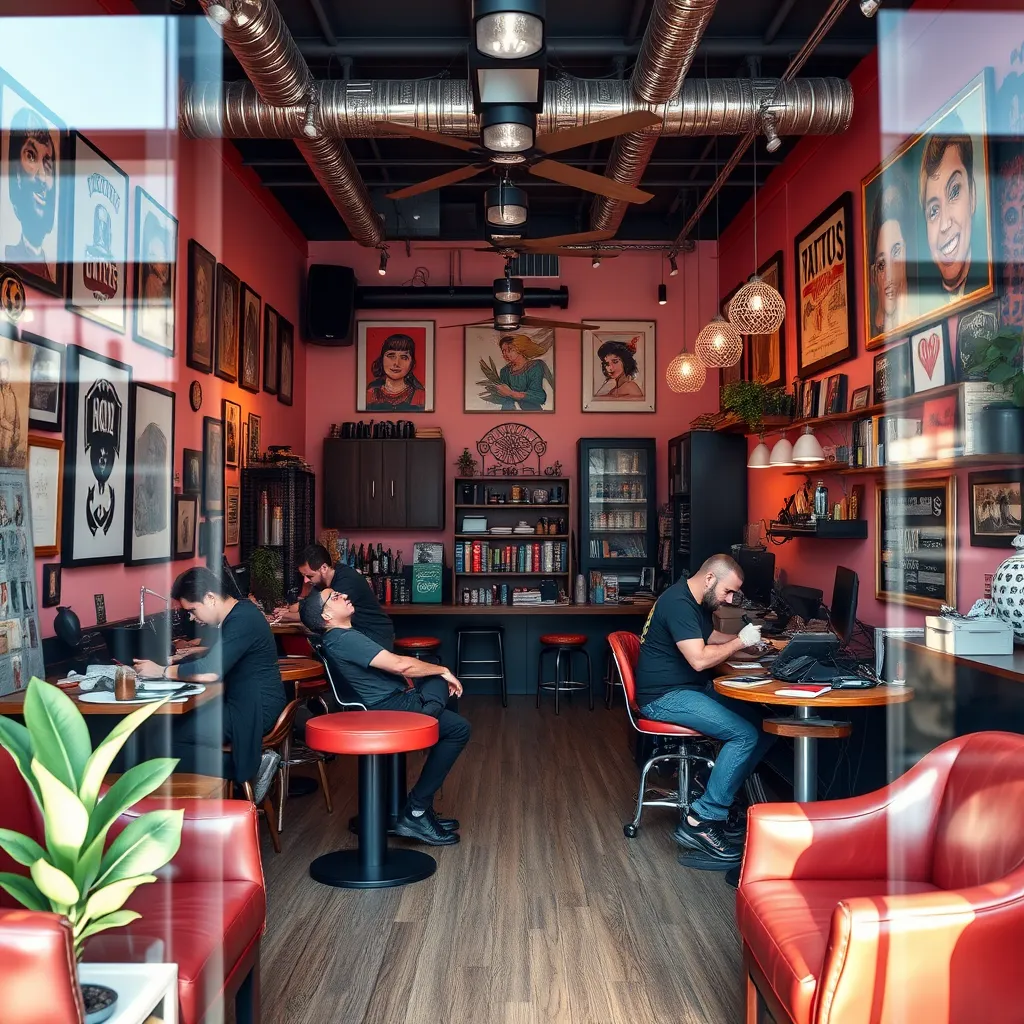 A vibrant and welcoming studio interior, with a mix of contemporary and vintage elements.  Show multiple tattoo artists working on clients, showcasing the positive interactions and friendly atmosphere. Include elements like comfortable seating,  artwork, and a clean and organized workspace.
