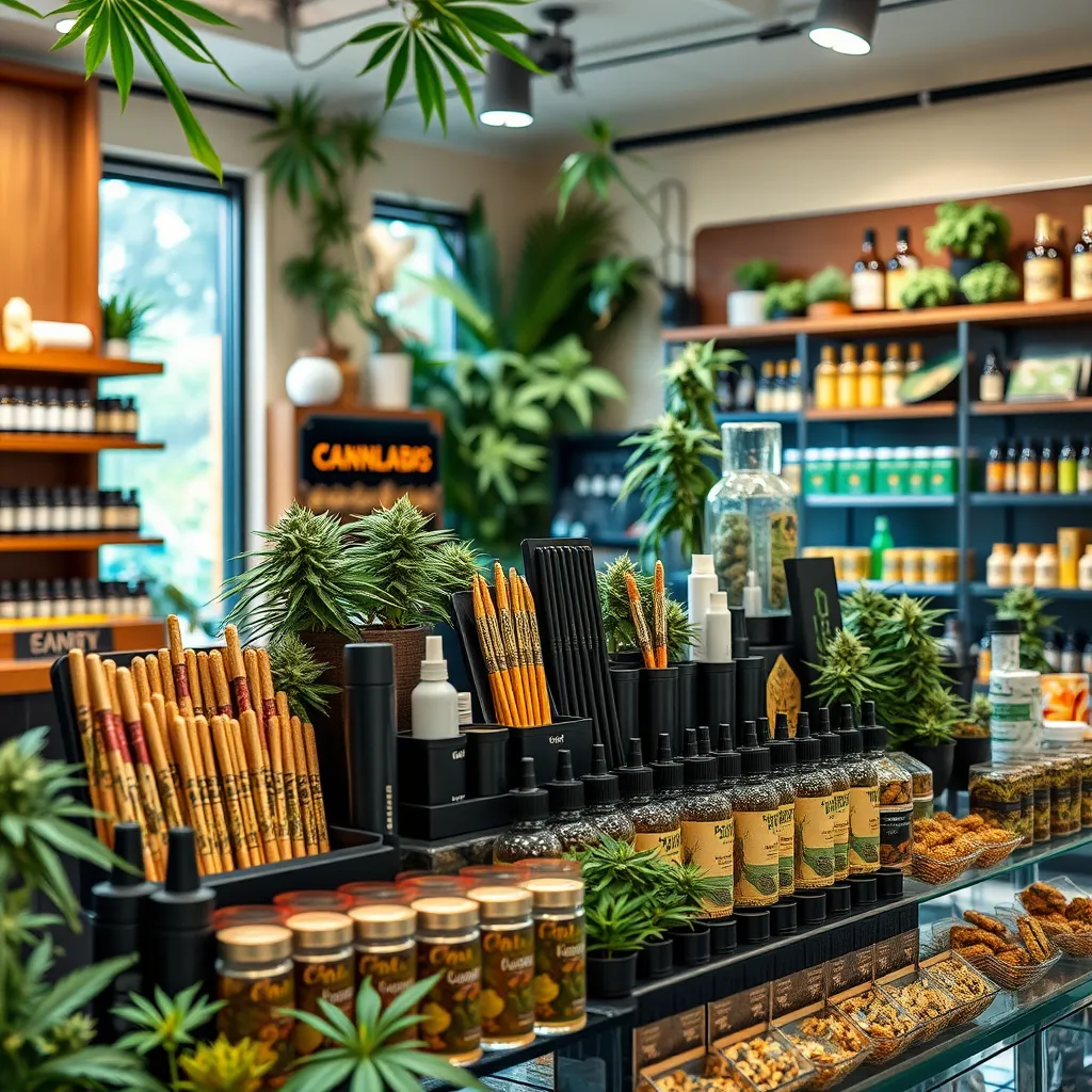 A vibrant display of various cannabis products including pre-rolls, vaporizers, tinctures, and edibles beautifully arranged in an inviting retail store environment. The store should have a modern, eco-friendly theme with greenery and natural light.