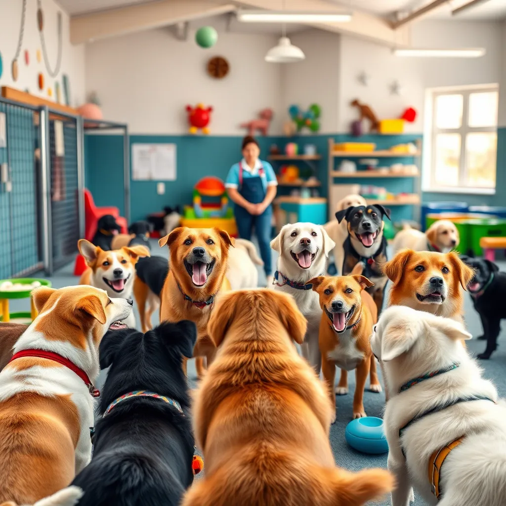 A vibrant dog daycare scene with multiple dogs playing together in a spacious, colorful play area filled with toys. In the background, a trained staff member is engaging with the dogs, showcasing the comprehensive services offered.