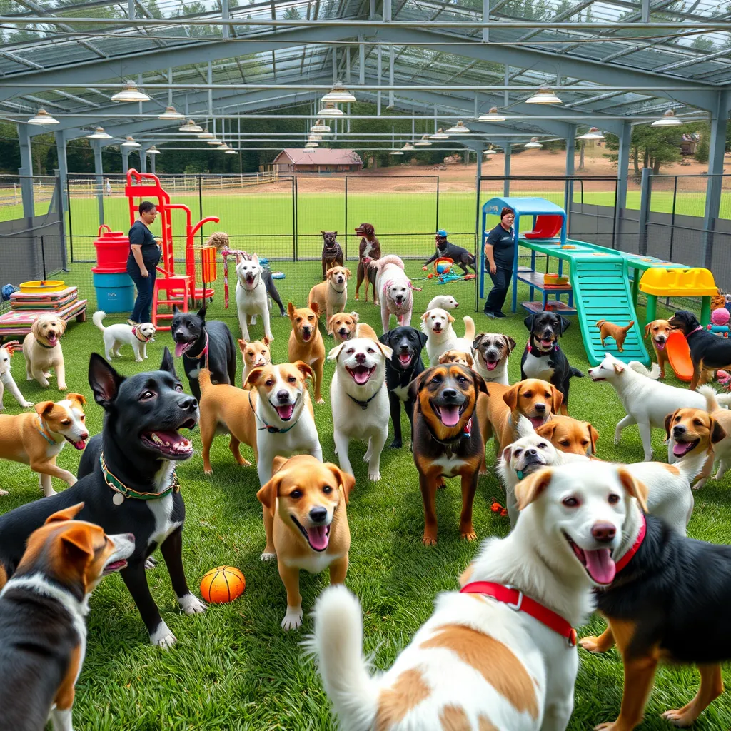 A vibrant dog daycare setting with dogs of various breeds playing together in an open, grassy area surrounded by colorful toys and structured play equipment, supervised by attentive staff, capturing the essence of joy and camaraderie among the dogs.
