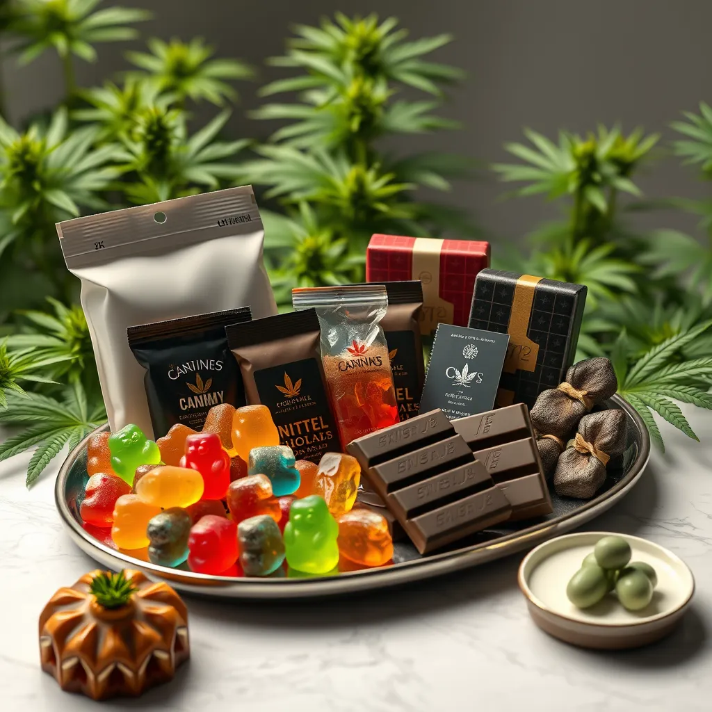 A vibrant image showcasing an assortment of cannabis-infused edibles, including colorful gummy bears, rich chocolate bars, and elegant packaging, all arranged on a stylish platter with a backdrop of lush green cannabis plants, highlighting the enticing variety available.