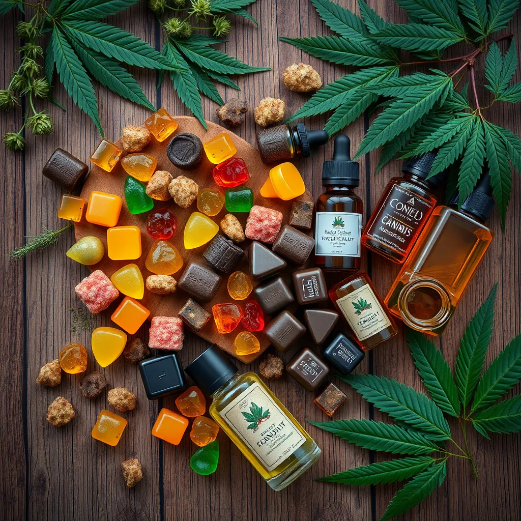 A vibrant overhead shot of an assortment of colorful cannabis-infused edibles like gummies, chocolates, and tincture bottles elegantly arranged on a rustic wooden surface. Incorporate fresh herbs and a few cannabis leaves for context, with soft lighting enhancing the appeal.