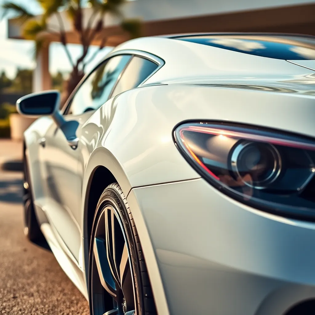 A vibrant photo of a gleaming, newly detailed car parked in a sunny outdoor setting, showcasing the transformative power of our detailing services. The car should be sparkling clean, with the reflection of the sky in its paint. The image should evoke a sense of pride and satisfaction.