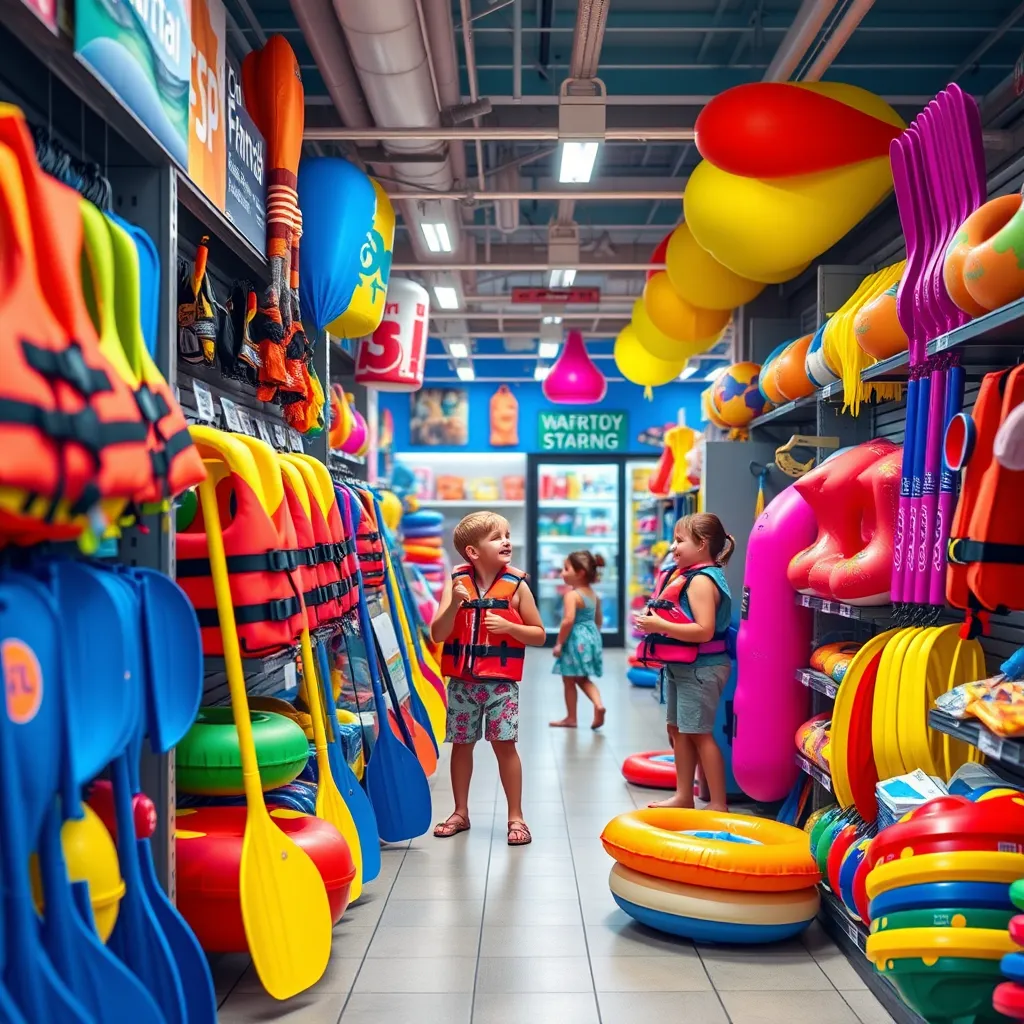 A vibrant photorealistic image showing a family-friendly section of a marina store. Include colorful life jackets, inflatable toys, paddles, and fun water activity items, with happy children in the background engaging with the products, under cheerful, bright lighting.