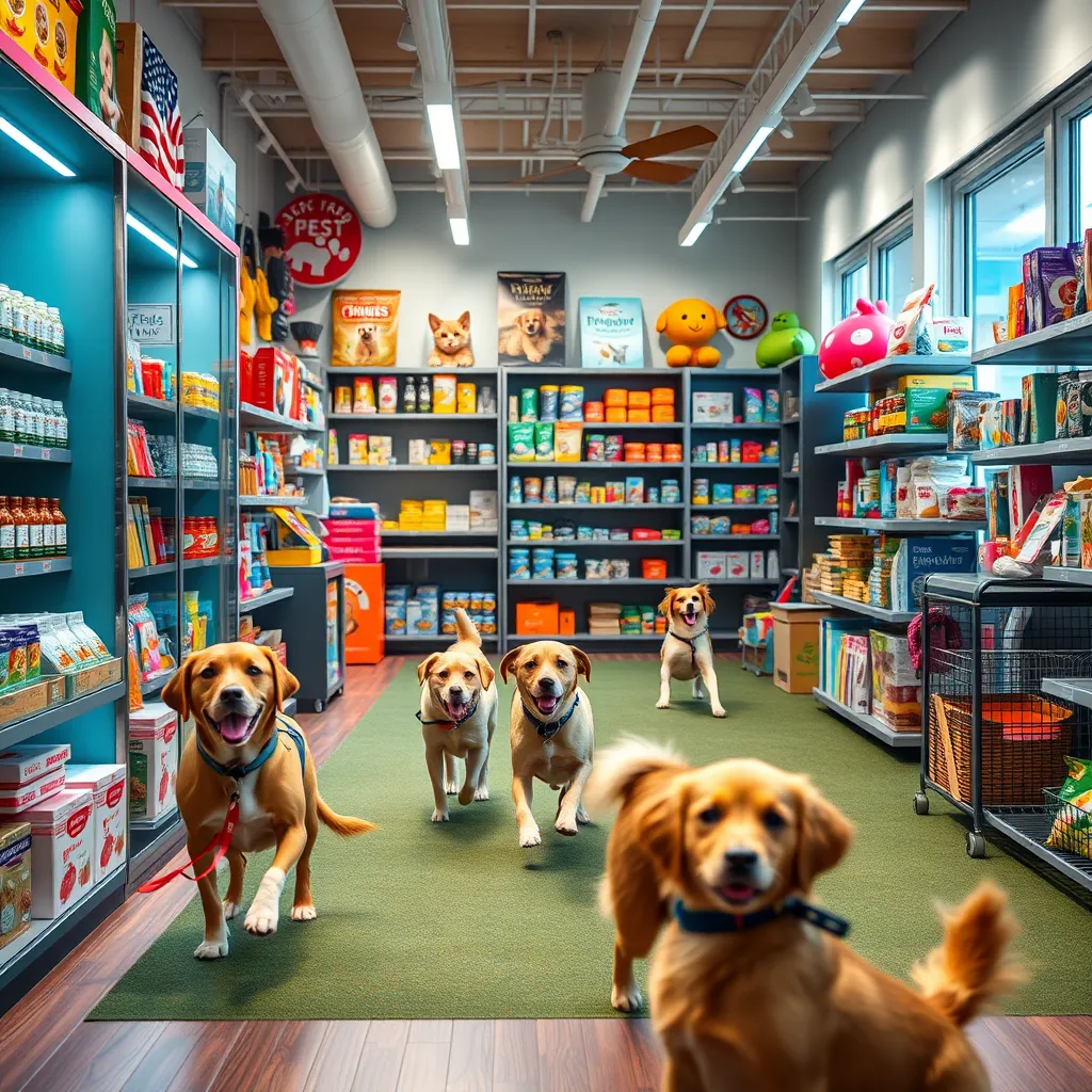 A vibrant retail store filled with pet products, alongside playful dogs enjoying a physical exercise area. Capture the spirit of community and health, with products that support pet happiness and well-being.