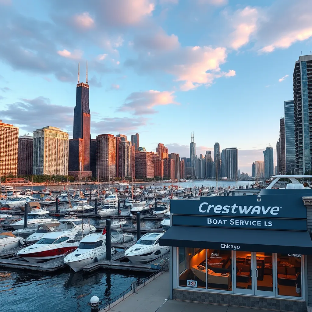 A vibrant scene depicting the Chicago skyline along the waterfront, with the marina filled with boats, while in the foreground, the exterior of Crestwave Boat Services is visible, inviting boat owners to visit.