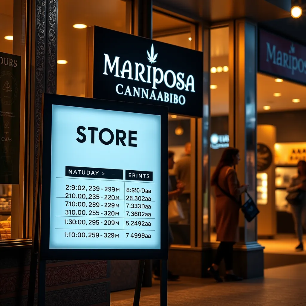 A visually appealing graphic displaying the store hours of Mariposa Cannabis on a stylish board outside the store, with warm lighting illuminating the entrance. Shoppers are seen in the background enjoying their time.