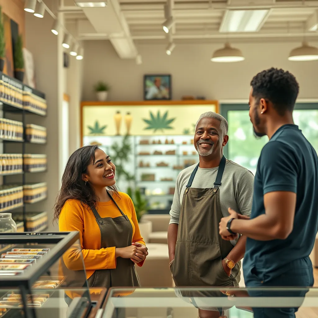 A warm, engaging photograph of a friendly cannabis store staff member assisting a diverse couple in a bright, welcoming retail space. Include details like product displays and a cozy seating area in the background to reflect a customer-centric atmosphere.