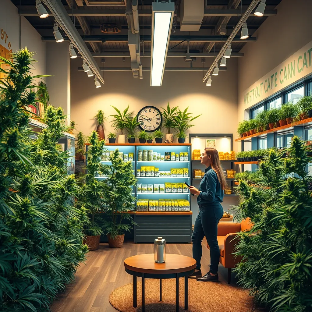 A warm, inviting cannabis store interior with a knowledgeable staff member enthusiastically explaining products to a customer. Bright lighting, lush cannabis plants prominently displayed, and a cozy seating area, creating a welcoming and educational atmosphere.
