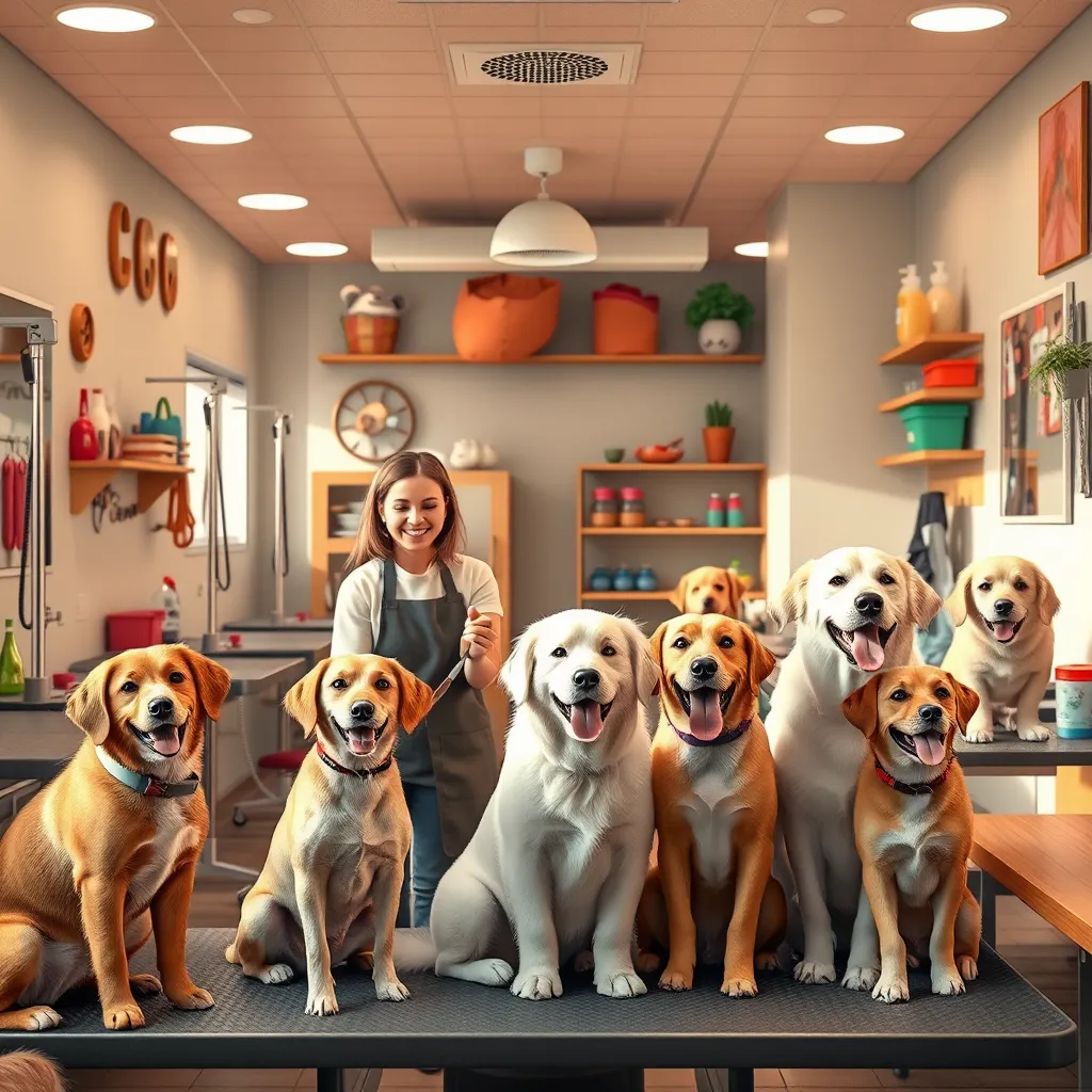 A warm, inviting dog grooming salon with cheerful staff interacting lovingly with happy dogs. Include elements like dog grooming stations, colorful pet accessories, and a cozy waiting area to create a comforting atmosphere.