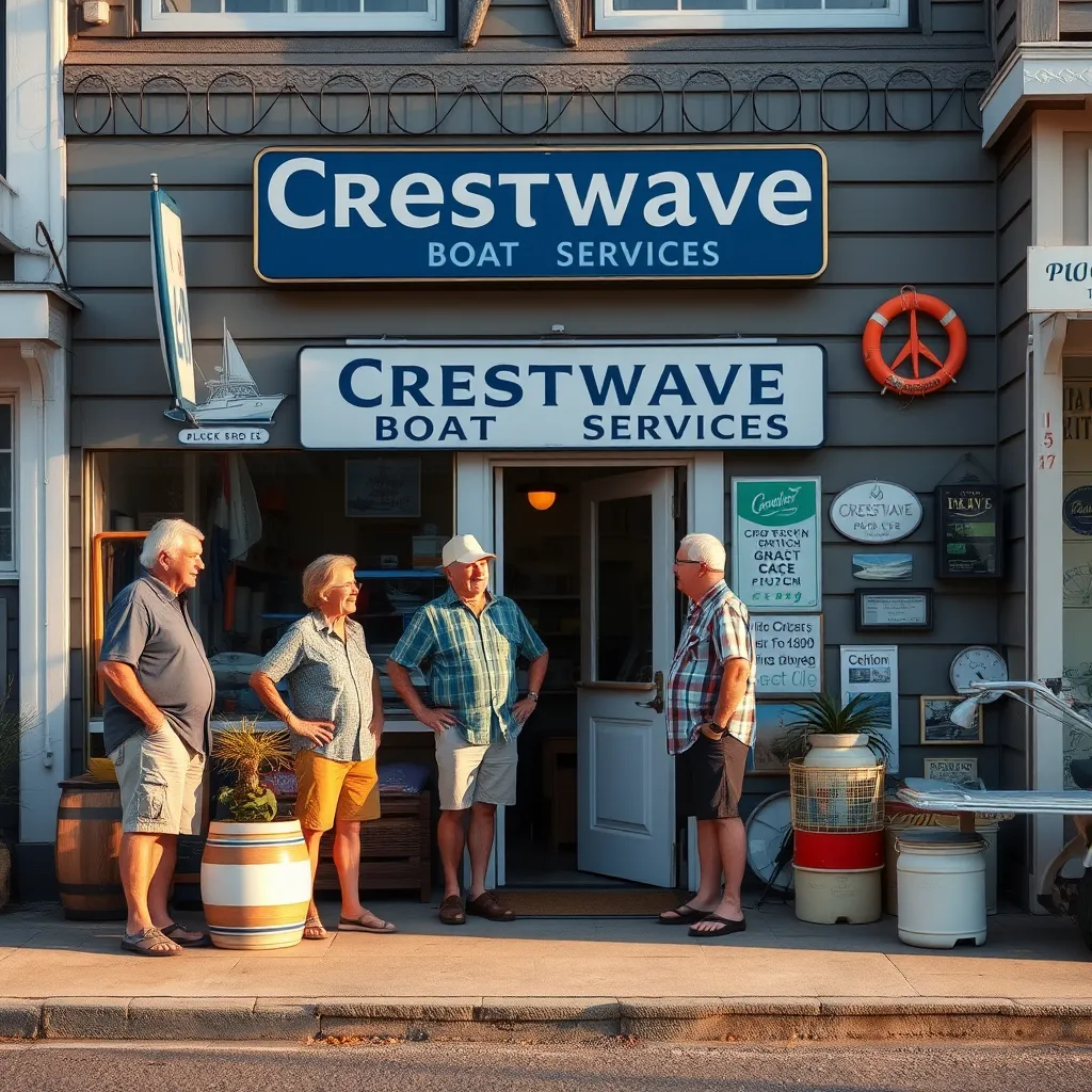 A warm, inviting neighborhood scene showing the interaction of locals outside Crestwave Boat Services, with smiling boat owners chatting, while the shop is adorned with marine-related decor, signifying community trust and camaraderie.