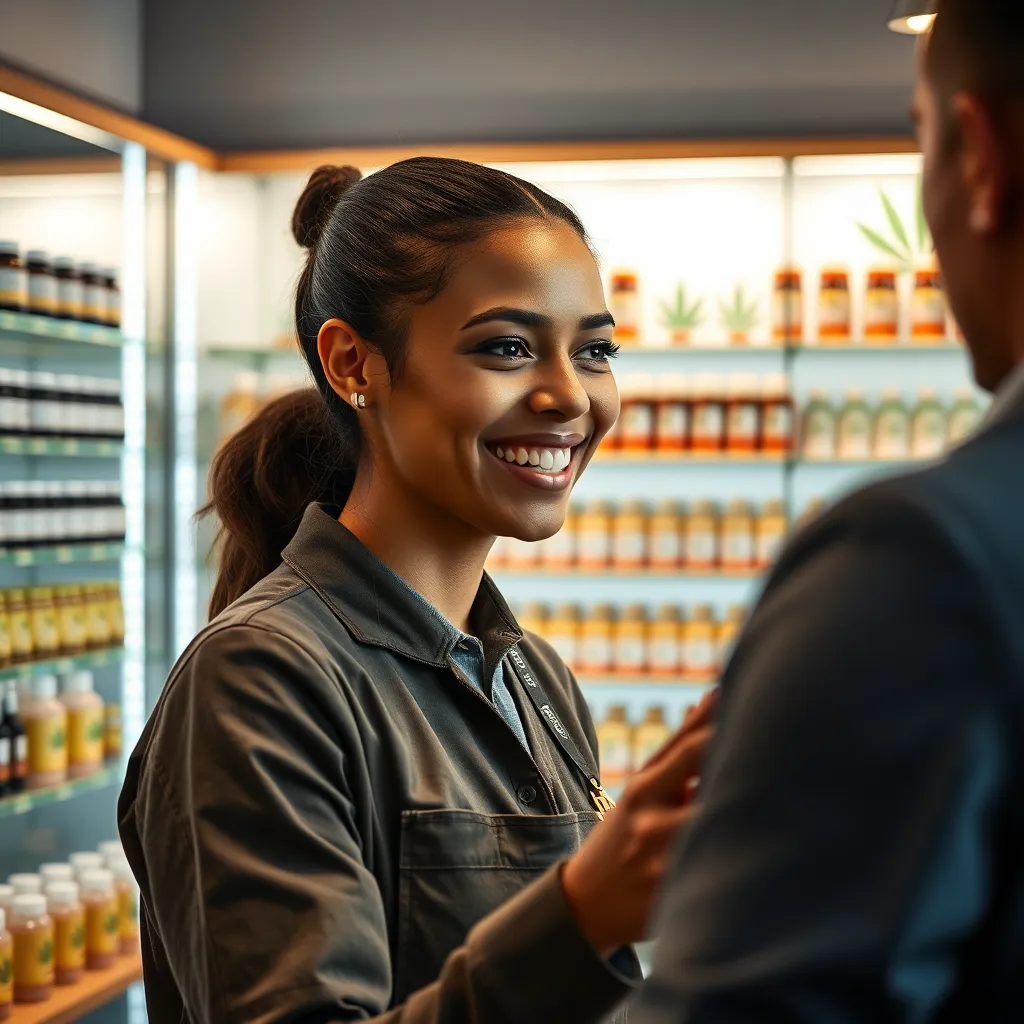 A warm, welcoming customer service representative at a cannabis store, smiling and engaging with a customer. The background features shelves filled with various cannabis products, like pre-rolls and tinctures, in a well-lit, modern shop setting.