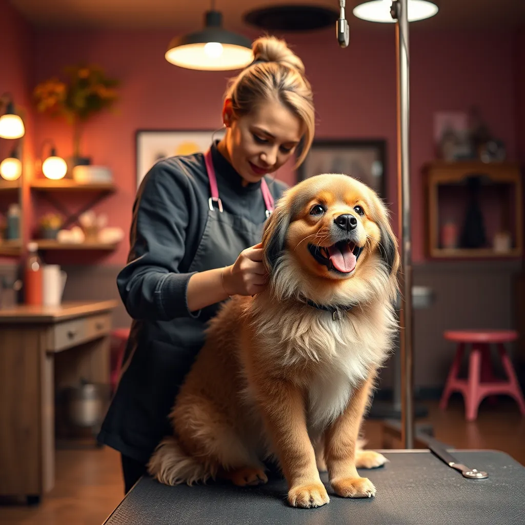 A warm and inviting dog grooming salon in Chicago, featuring a professional groomer gently brushing a happy, fluffy dog. The surroundings should appear serene and cage-free, with comforting colors and soft lighting, showcasing the bond between the groomer and the dog.
