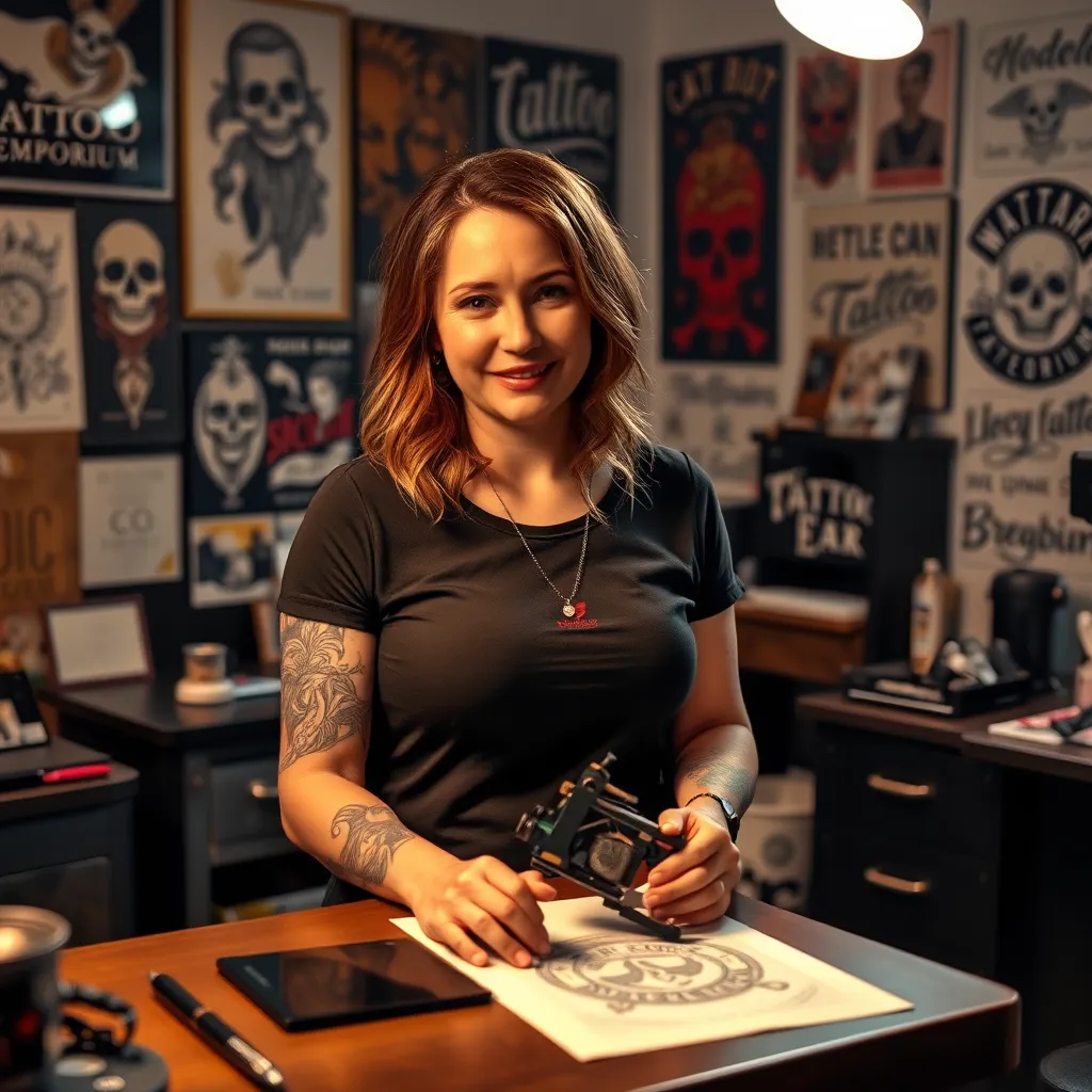 A warm and inviting portrait of Lucy Parker in her studio at CS Tattoo Emporium.  Lucy should be standing confidently, her hands resting on a tattoo machine and a stencil. The studio should be well-lit with soft, diffused lighting, creating a comfortable atmosphere.  The background should feature a selection of tattoo art, tools, and design elements, reflecting her diverse artistic style.  The overall mood should be inviting and welcoming, reflecting Lucy's passion for tattooing and her genuine connection with her clients. Render the image in ultra-high resolution with a photorealistic style, capturing the subtle details of Lucy's expression, clothing, and the studio's environment.
