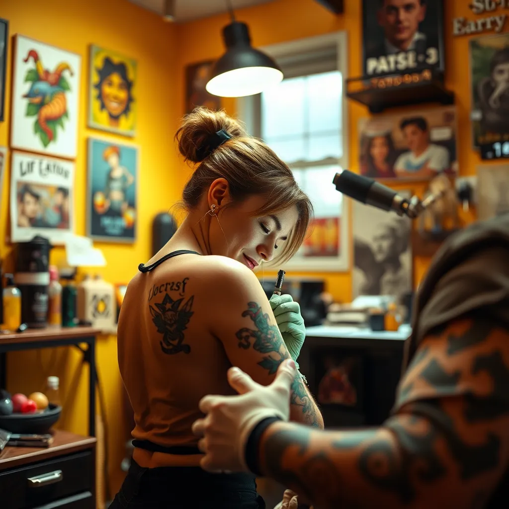 A warm and inviting scene in a tattoo studio. Lucy is working on a client's back, focusing intently on her work. The studio is well-lit, showcasing the colorful artwork on the walls and a variety of tattoo equipment. The client should have a relaxed and happy expression, indicating a positive experience.