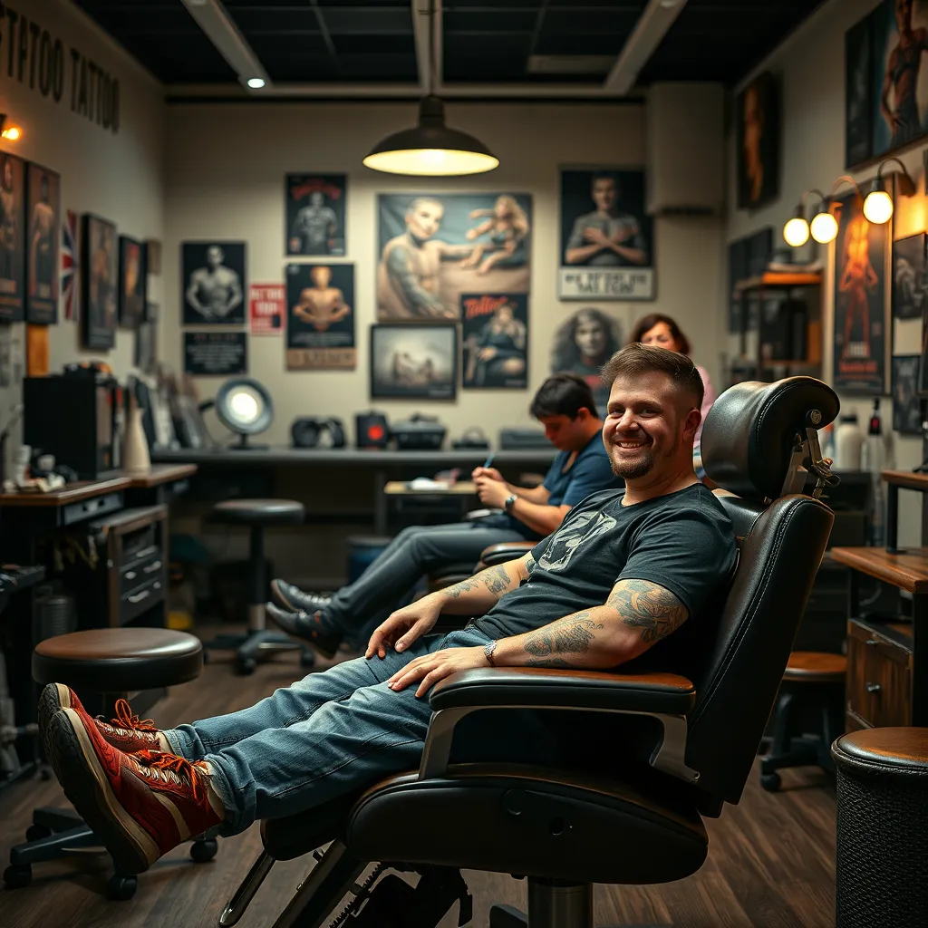A warm and inviting scene of a tattoo studio with a client seated in a comfortable tattoo chair, the artist working on their tattoo, and other artists in the background. The studio should have a clean and modern look, with artwork and posters displayed on the walls. The client should look relaxed and happy, with a positive expression on their face.