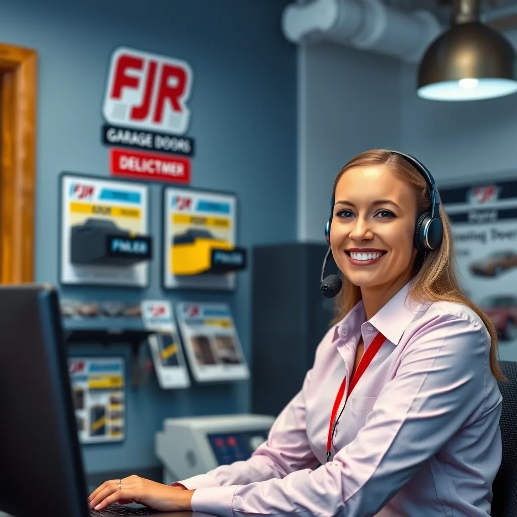 A warm and inviting scene of a customer service representative at FJR Garage Doors answering a call, with a friendly smile. Behind them, a wall displays garage door models and brochures, demonstrating a customer-focused environment.