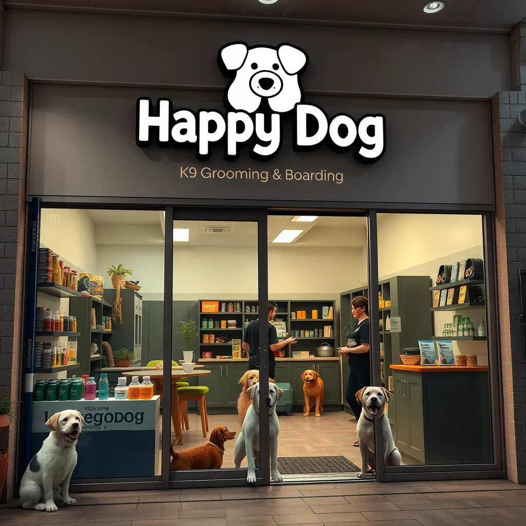 A welcoming storefront of a dog grooming and boarding facility showcasing the logo 'Happy Dog K9 Grooming & Boarding'. The image should also feature a display of pet products and a friendly staff member ready to assist customers, with dogs playing in the background.