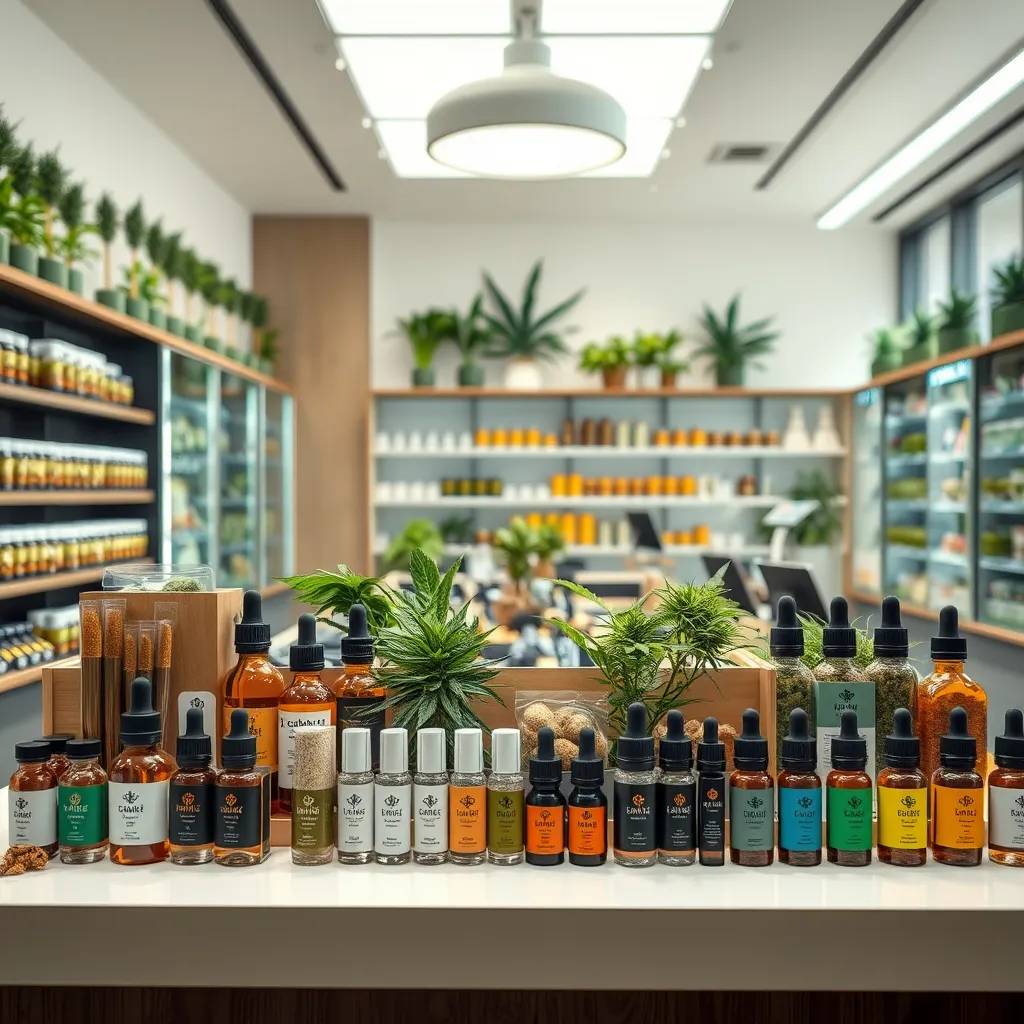 A well-organized display of various cannabis products including pre-rolls, tinctures, edibles, and vapes inside a modern cannabis store. The setting is sleek and inviting, highlighting the diversity of offerings with bright lighting and natural elements.