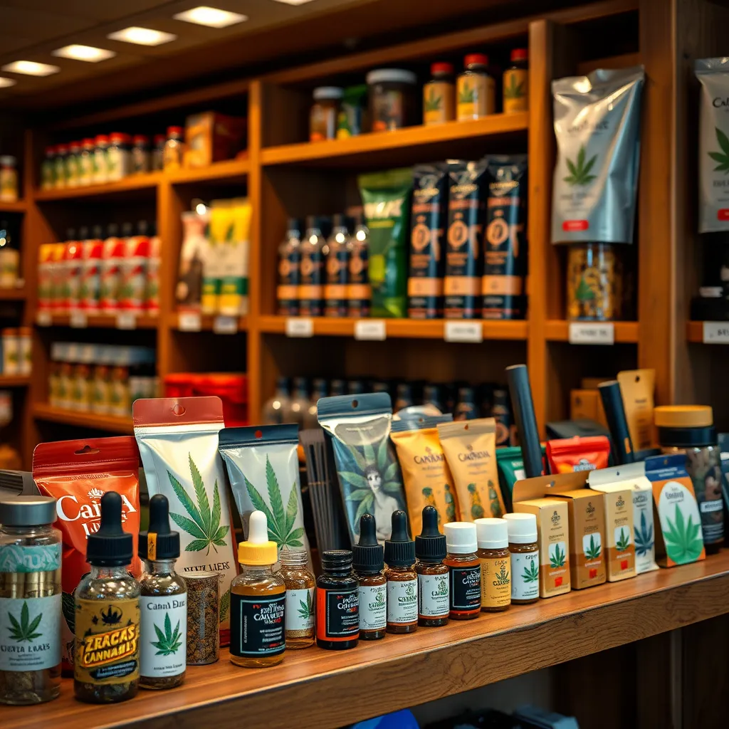 A well-organized display of various cannabis products including pre-rolls, tinctures, edibles, and vaporizers on a wooden shelf in a cozy and inviting cannabis store setting, with soft lighting highlighting the variety of attractive packaging.