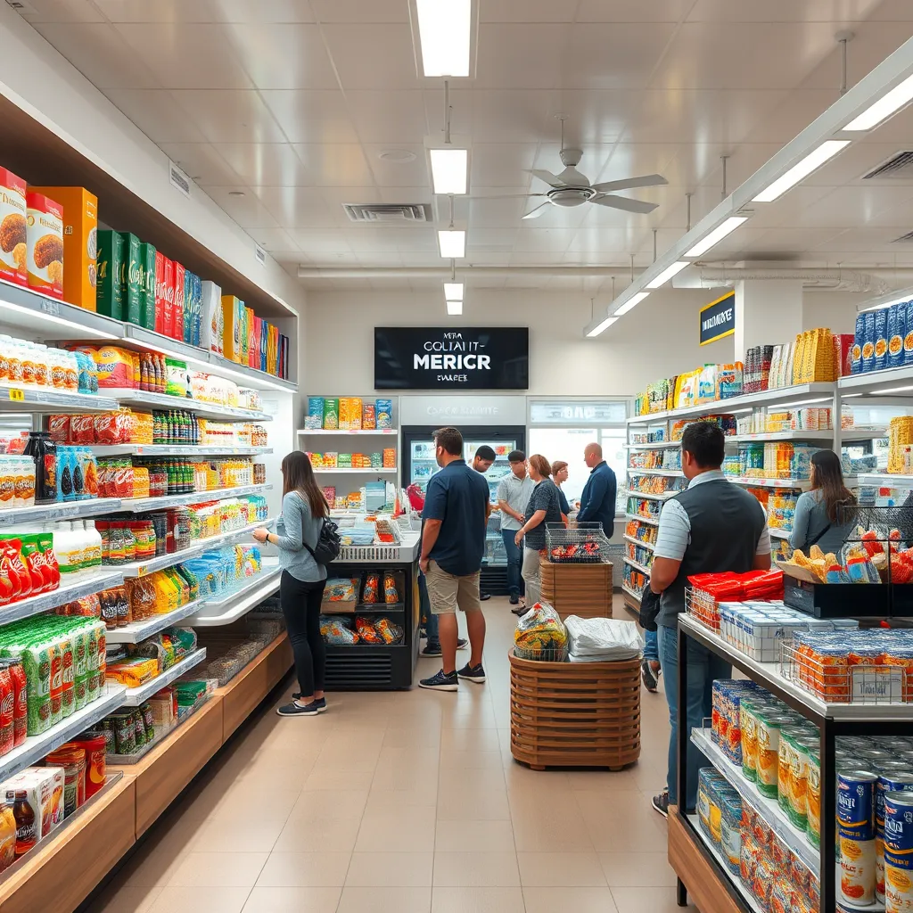 A well-organized grocery section within a marina store filled with various products like snacks, beverages, and toiletries. The scene should include customers browsing and friendly staff assisting them, conveying a welcoming and efficient shopping experience.