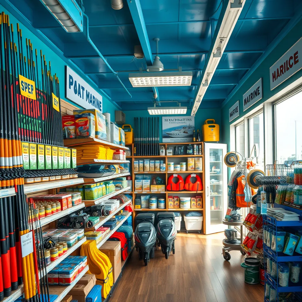 A well-organized marina store interior, showcasing shelves stocked with various boating products including fishing rods, reels, bait, and marine parts. Include labels for gasoline and diesel engines, navigation systems, and life jackets, set in a bright, inviting atmosphere.