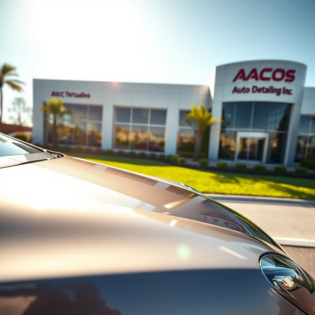 A wide-angle shot of a car being detailed under a bright, sunny sky. The car should be positioned in front of a modern, upscale car dealership, with a lush green lawn and manicured landscaping. The image should emphasize the car's sleek, metallic finish, showcasing the expert detailing work performed by ABC Auto Detailing Inc. The focus should be on the car's glossy paint, reflecting the sunlight and highlighting its pristine condition. The image should capture the vibrant colors and textures of the car's exterior, including the chrome accents, the shiny tires, and the gleaming glass. Render the image in 8K resolution with a high dynamic range, capturing the contrast between the bright sunlight and the deep shadows of the car. Use a shallow depth of field, blurring the background and drawing attention to the car's polished appearance. Add a sense of movement by capturing a soft breeze blowing through the car's hair, emphasizing the car's aerodynamic design and its luxurious appeal.