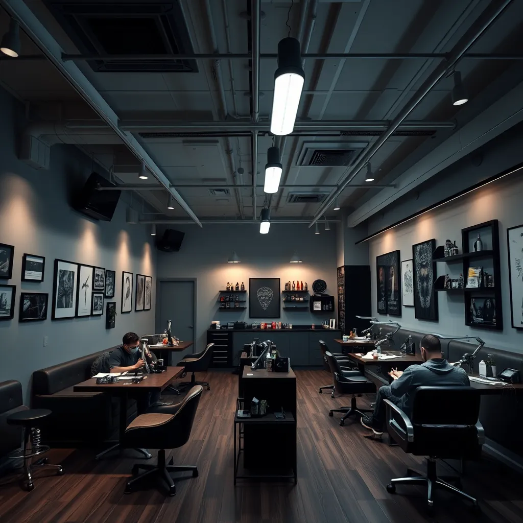 A wide shot of a modern tattoo studio with clean, minimalist design. The space should be well-lit with comfortable seating and a friendly atmosphere, showcasing the tattoo artists working on their clients.