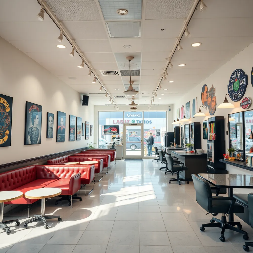A wide shot of the interior of CS Tattoo Emporium, highlighting the clean and modern design. The studio is brightly lit, with comfortable seating areas, vibrant artwork on the walls, and a welcoming atmosphere. The image should showcase the professional and hygienic nature of the studio.