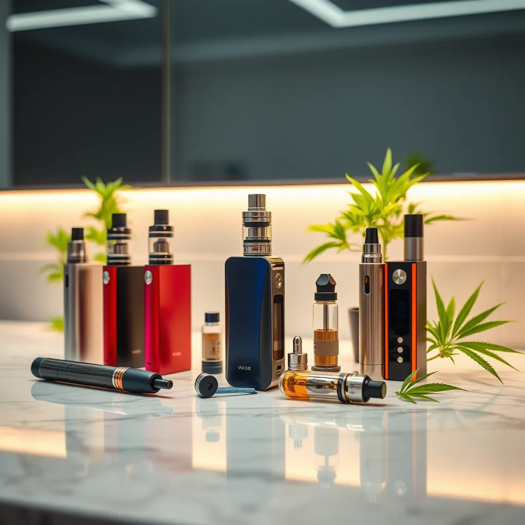 An aesthetically pleasing, detailed image of various sleek vaporizers and colorful vape cartridges placed artistically on a marble countertop, with focused lighting highlighting their modern design, and a subtle hint of cannabis plants in the background to signify quality.