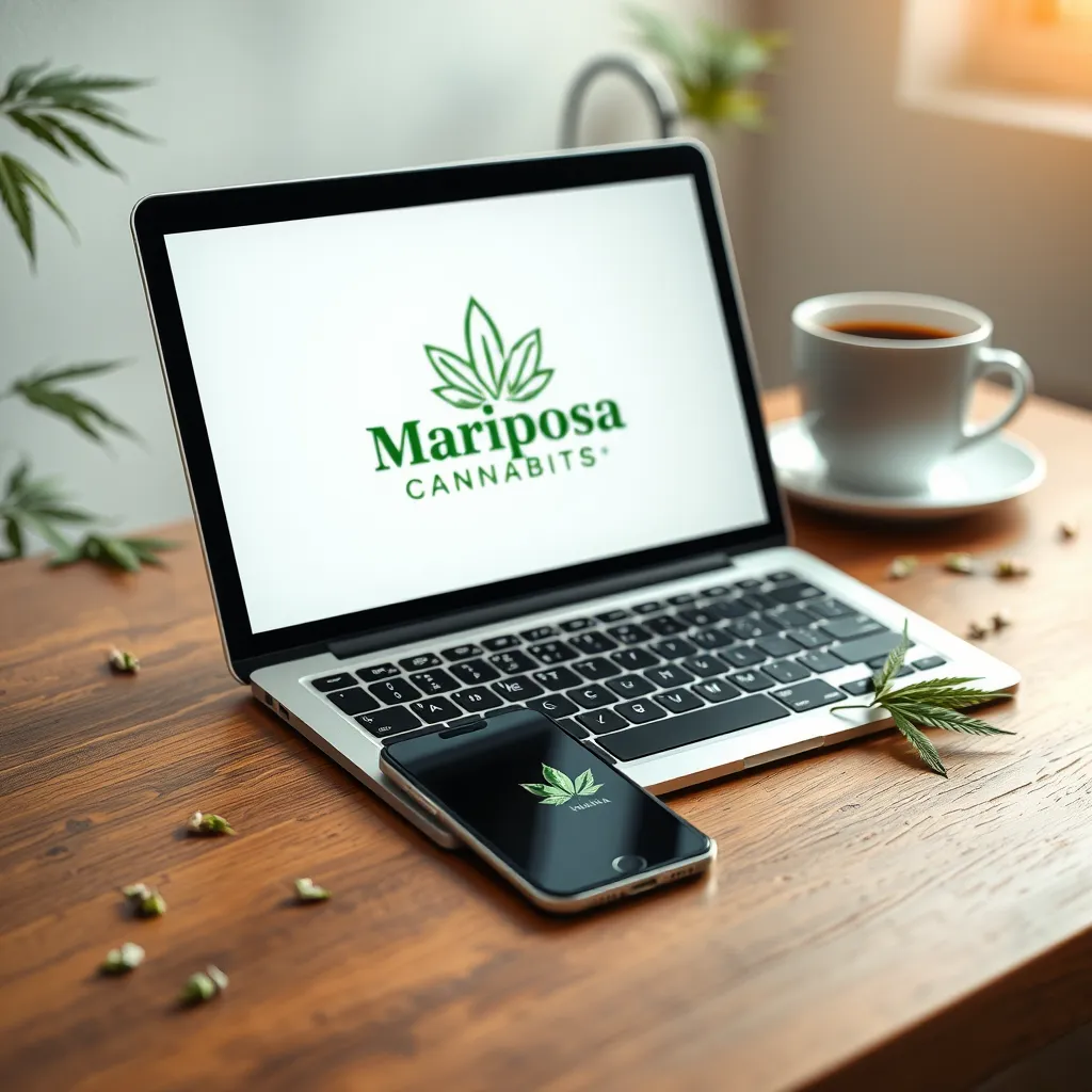 An aesthetically pleasing image of a smartphone and laptop on a wooden table, with the Mariposa Cannabis logo on the screen. The background includes a cup of coffee and a scattering of cannabis leaves, conveying a tech-savvy, friendly atmosphere.