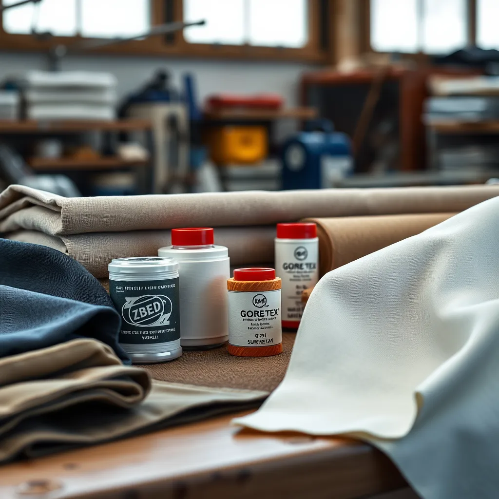 An array of high-quality upholstery materials displayed on a workbench, including Sunbrella fabric samples, GORE-TEX thread spools, and marine vinyl pieces. The background is subtly blurred, highlighting the richness and texture of each material.