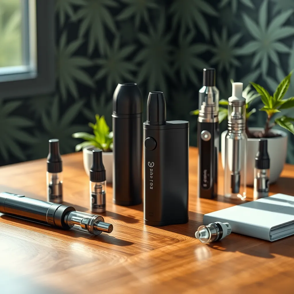 An artistic arrangement of sleek, modern vaporizers and cartridges on a wooden table with soft natural lighting. Include a backdrop of a cannabis leaf pattern and a small potted plant for an organic touch. Focus on the sophistication of the products.