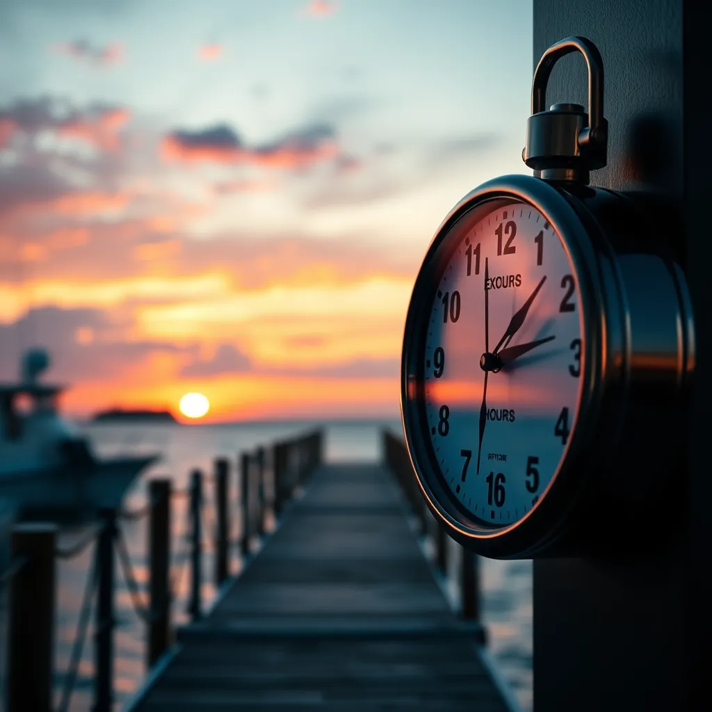 An artistic photographs of a clock showing extended hours juxtaposed with a beautiful sunset over a dock. The setting reflects both urgency and leisure, symbolizing the balance of professional service hours and the boating lifestyle.