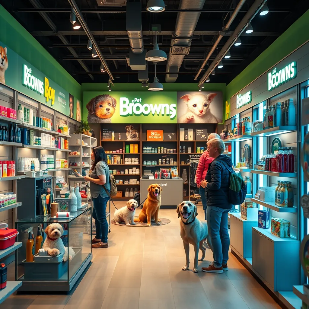 An attractive retail display within a pet grooming store featuring high-quality grooming products and pet supplies. Showcase premium brands, and happy customers browsing with their dogs, illustrating the blend of quality and affordability in the shopping experience.