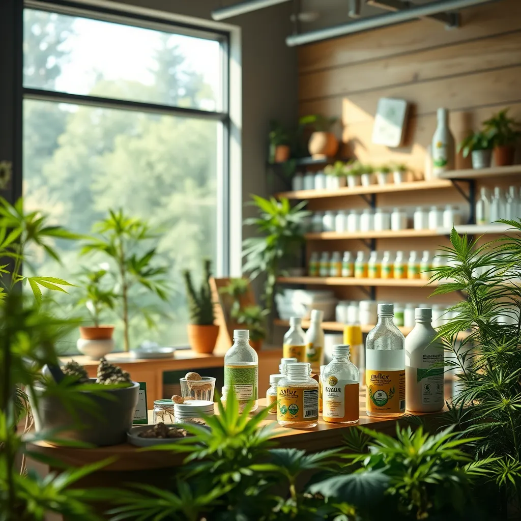 An eco-friendly cannabis store scene showcasing eco-conscious products and packaging, such as biodegradable containers and recycled materials. Include indoor plants and natural light coming through large windows for a fresh, green aesthetic.