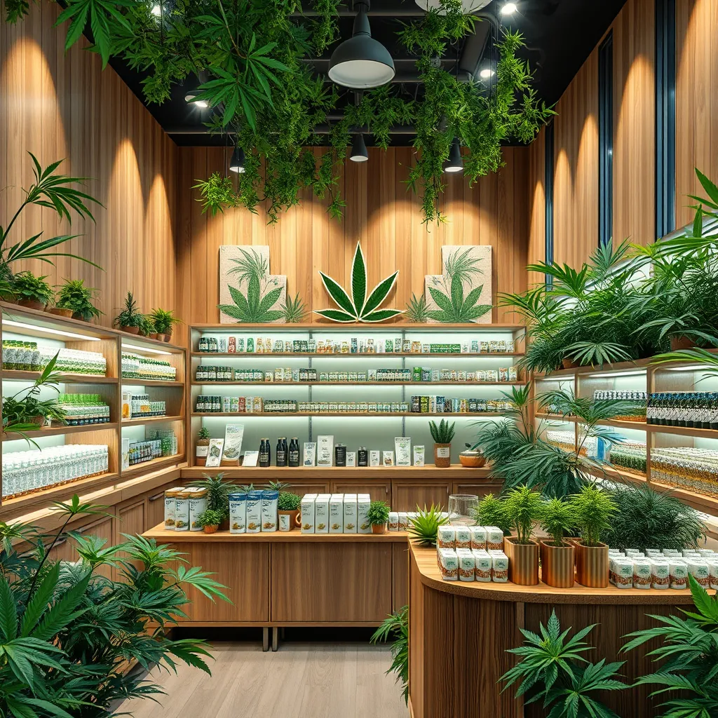 An eco-friendly store interior showcasing sustainable cannabis products, with green plants and natural wood finishes, emphasizing environmental responsibility. A display featuring biodegradable packaging and recyclable materials to highlight the company’s commitment to sustainability.