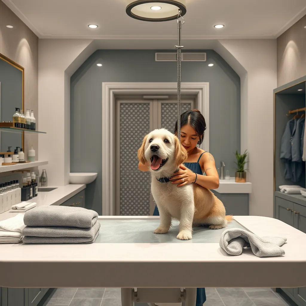 An elegant pet spa interior featuring a grooming table where a dog is receiving a luxurious bath. The scene includes high-end grooming products arranged neatly, soft towels, and a relaxed dog enjoying the spa experience with a groomer.