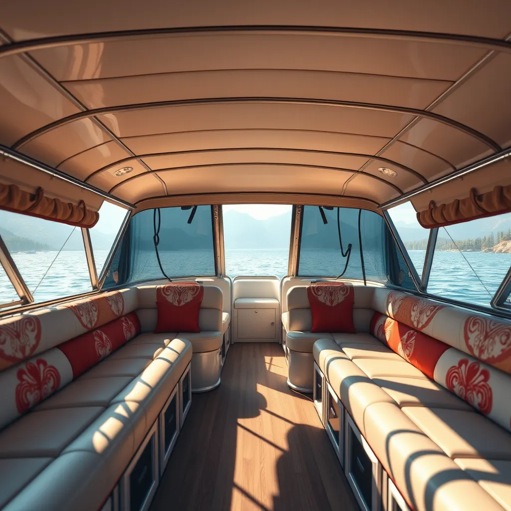 An elegant pontoon with beautiful, custom upholstery. The interior shows vibrant colors and patterns, featuring comfortable seating and stylish designs. Soft sunlight filtering through the boat's canopy creates a warm, inviting atmosphere.