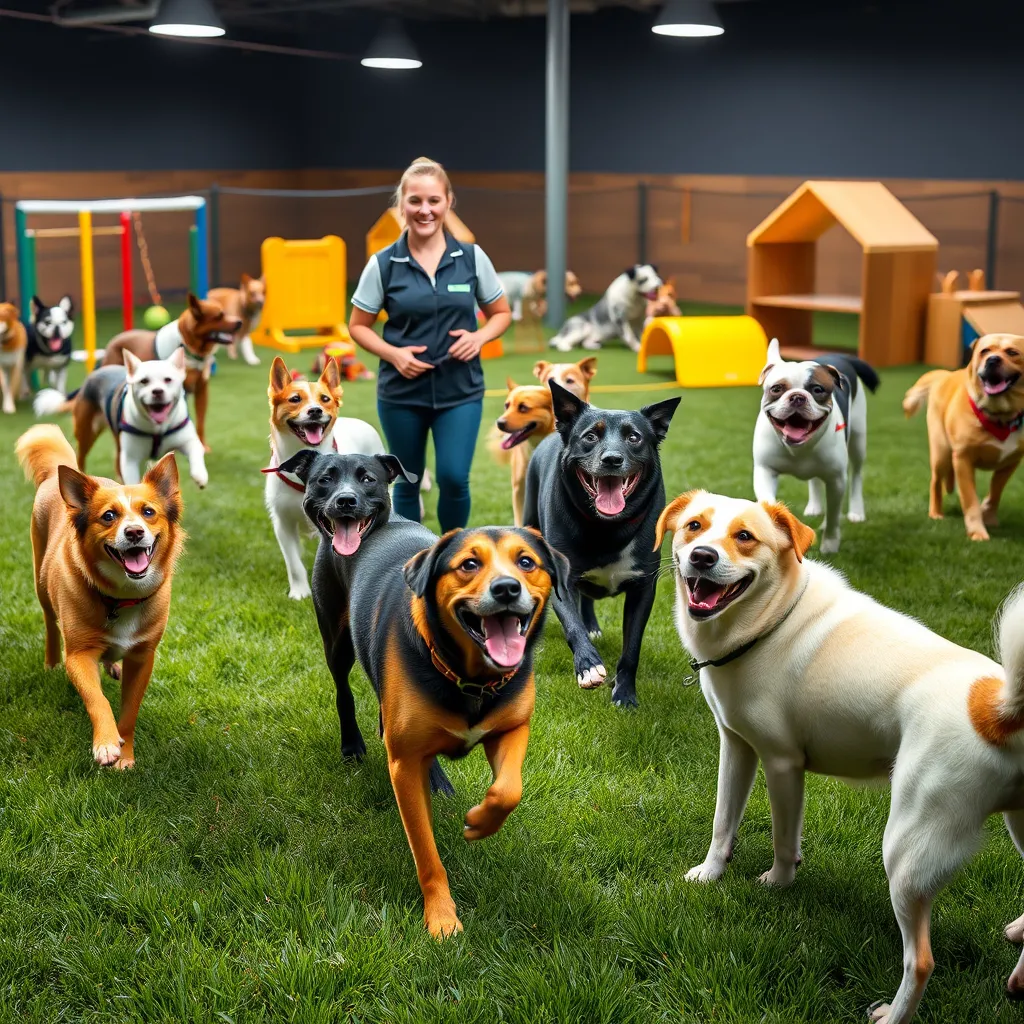An energetic play yard filled with happy dogs of various breeds engaged in playful activities. The scene should showcase lush green grass, agility equipment, and playful interactions among dogs, with a cheerful staff member supervising the fun.