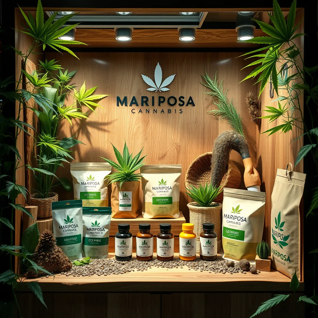 An environmentally friendly display showcasing cannabis products with eco-conscious packaging. Elements such as recycled materials, green plants, and natural lighting highlight Mariposa Cannabis’s commitment to sustainability and responsible practices.